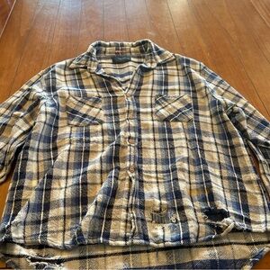 Vintage Blue and White Plaid Men's Shirt Rips and Supreme stitching on shirt NA
